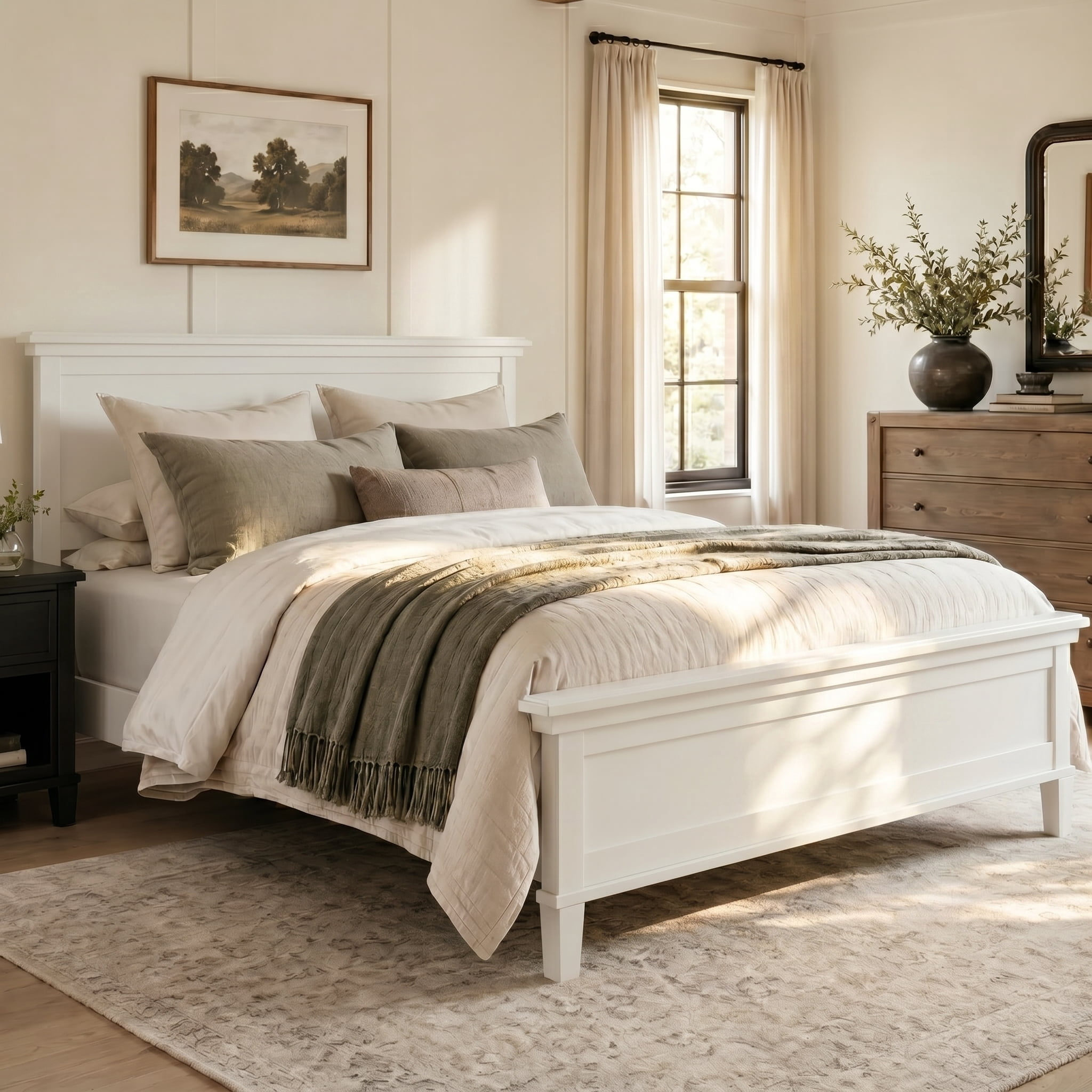 Euroco Mid-Century Wood Queen Size Platform Bed with Headboard and Wood Slat Support, No Box Spring Needed, White