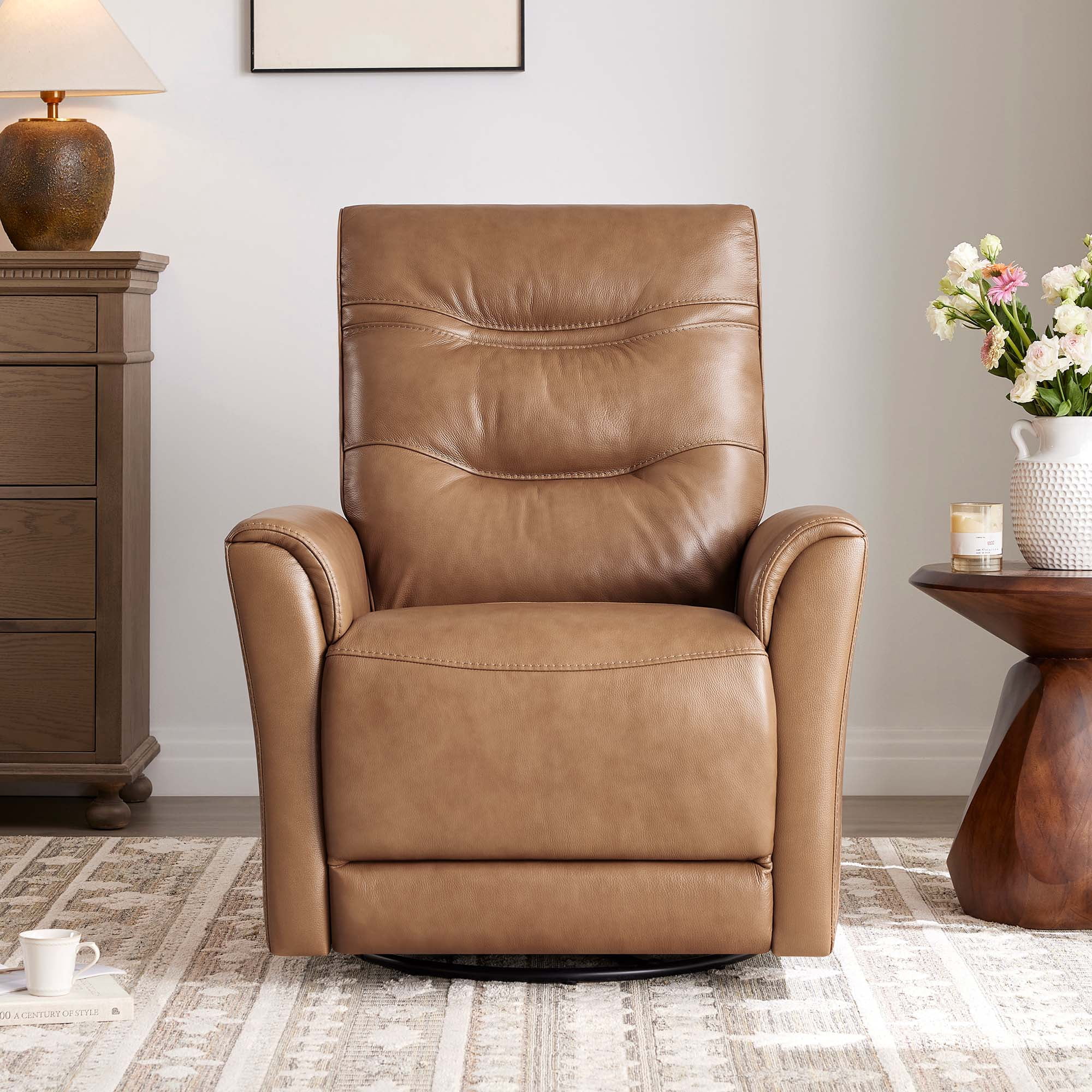 Spruce & Spring Genuine Leather Swivel Glider Recliner with Triple Motor Support, Saddle