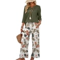 thumbnail image 6 of Bold Monochrome Floral Print Two Piece Set for Women, 3/4 Sleeve Button Down Top & Wide Leg Pants - Casual Lounge Outfit with Geometric Hem Trousers Army Green L, 6 of 7