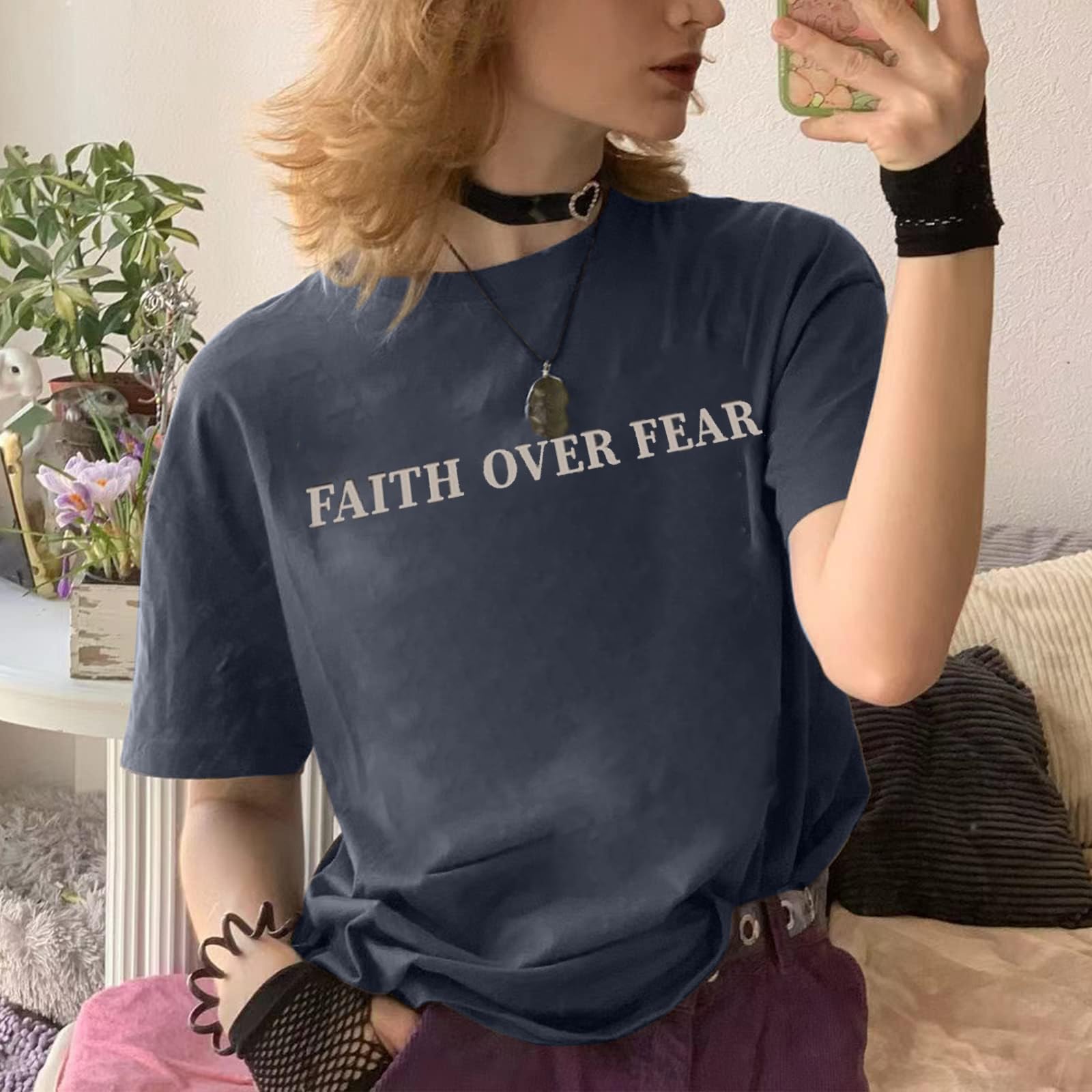 MOUSYA Women's Faith Over Fear Oversized T-Shirt, Blue photo 2