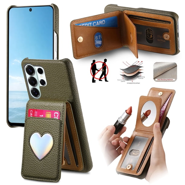 Funda FOXDOCK para Samsung Galaxy S26 Ultra con función billetera, soporte ajustable y diseño con espejo-verde