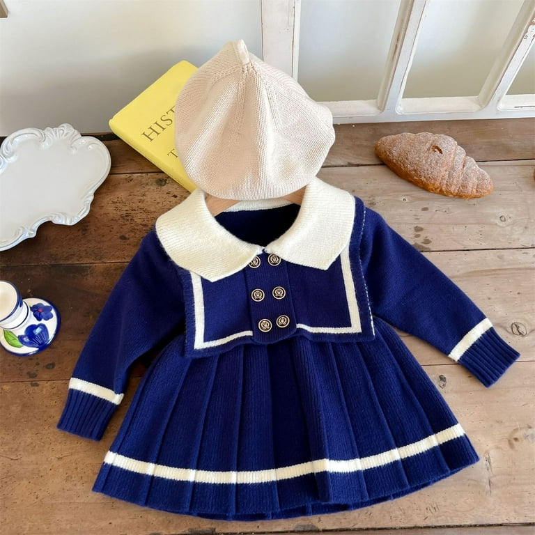 GEZHEN Girls Navy Style Sweater Dresses Baby Girl Dresses Children s Long Sleeve Knit Pleated Skirt Babys Girls Patchwork Spring Winter Long Sleeve Knit Sweater Thick Princess Dress Clothes Walmart ...