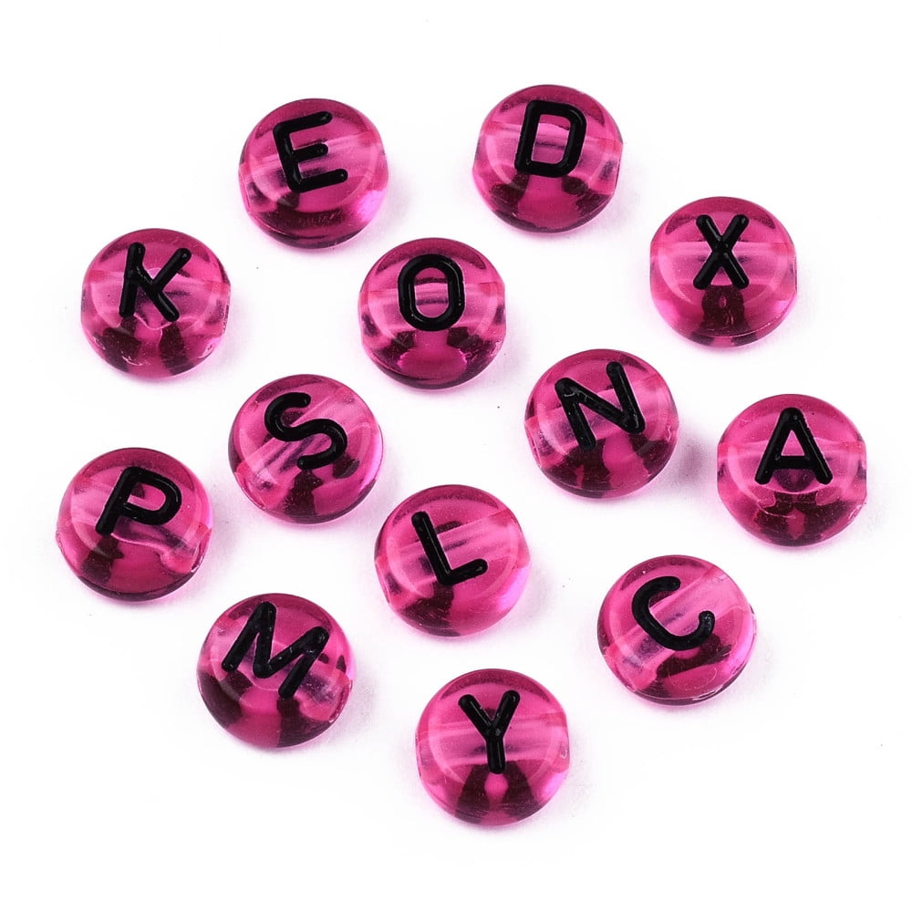 Transparent Acrylic Beads Horizontal Hole Flat Round with Black Random Letter Camellia 7x4mm Hole: 1.8mm 3600~3700pcs/500g