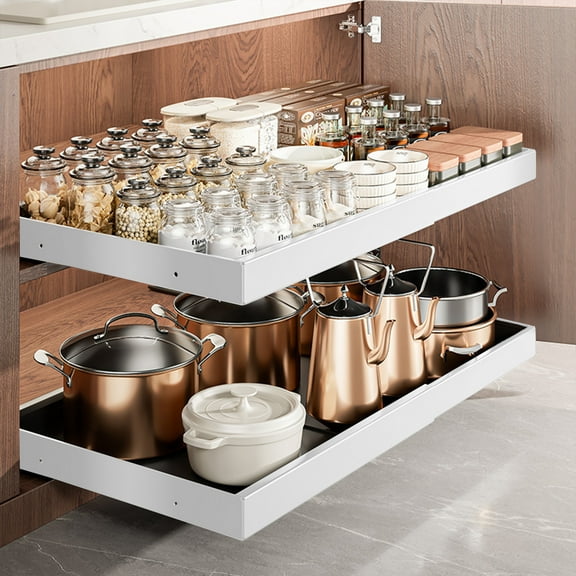 2PCS Expandable Pull-Out Cabinet Organizer with Adhesive Nano Film Fixed Slide out Drawers Under Sink Pull-Out Home Organizers Adjustable Length 12.5"-20.5" for Kitchen Cabinets(White)