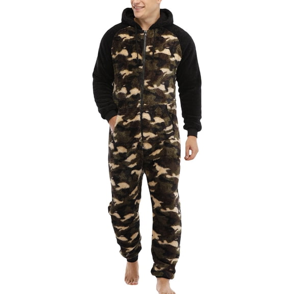 SWSMCLT Men's Long Sleeve Onesies Pajamas Soft Warm Fall Trendy Sleeping Winter Thick Zip Up One Piece Sleepwear Camo Small