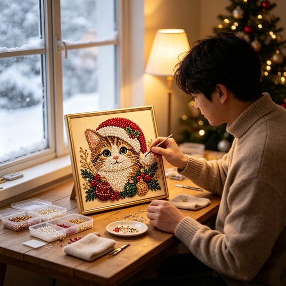 LEVEO Christmas Kitten Diamond Art Pearl Kit, DIY Christmas Pearl Diamond Painting Kit, Home Wall Decor Art Craft Kit, Holiday Christmas Wall Decor, Handmade Home Decoration Gift