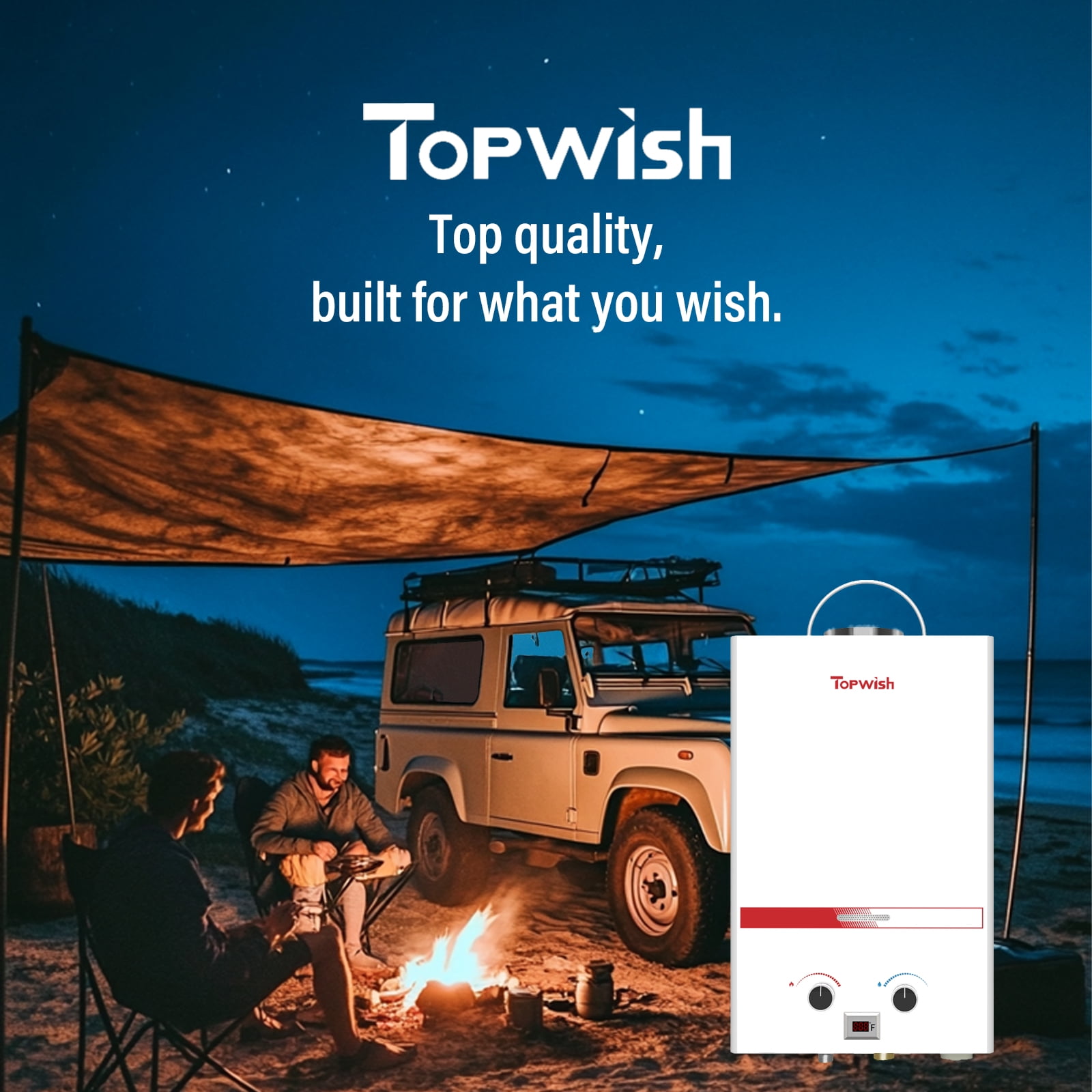 TOPWISH 8L Tankless Propane Water Heater, 2.11 GPM Portable Camping Hot Water Heater, 54,500 BTU, Digital Display, 6-in-1 Safety Protection, Battery-Powered for Outdoor RV Shower & Cabin