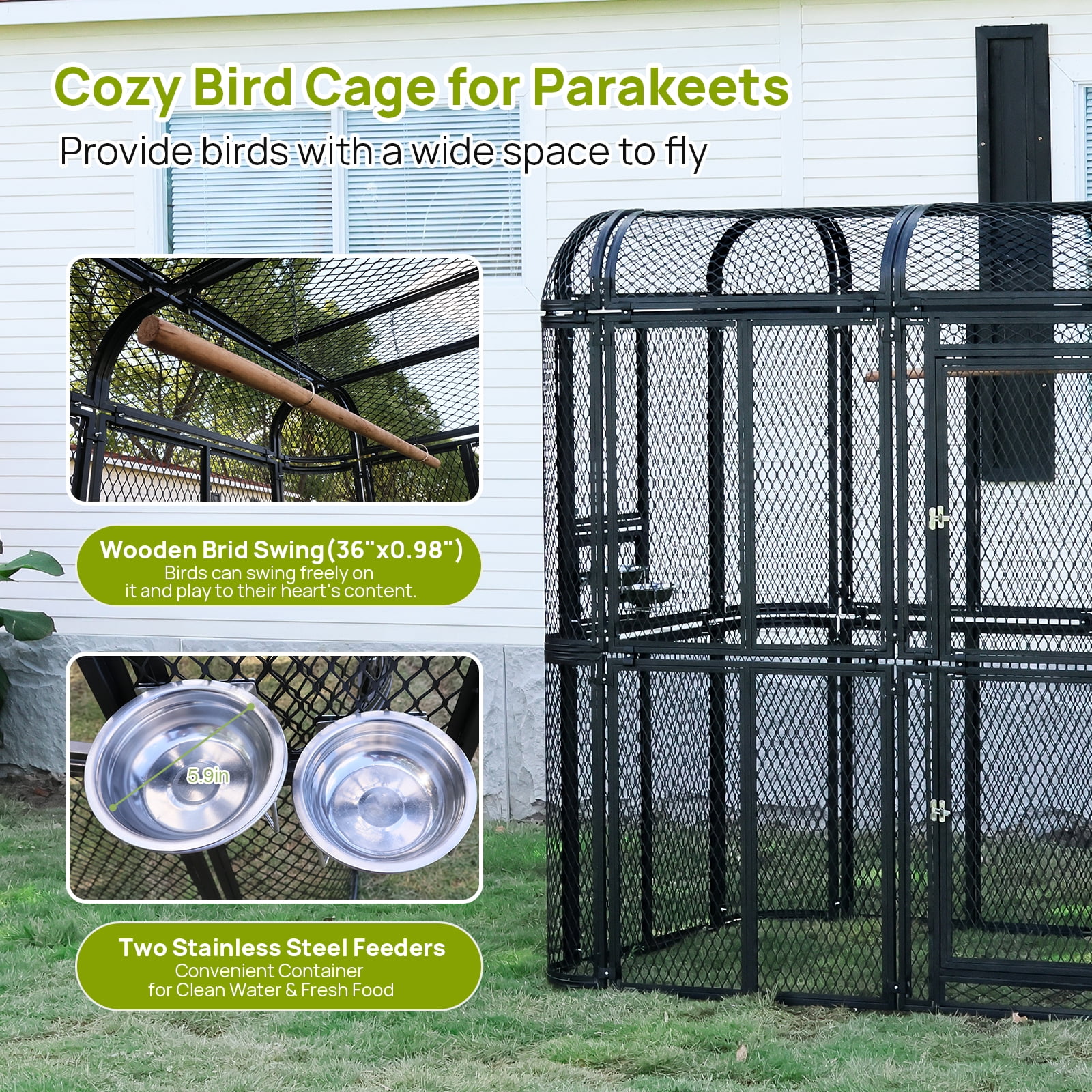 Walnest Large Walk-in Cage 77-inch Heavy Duty Bird Cage Outdoor Diamond Grid Aviary Parrot Cage with 2 Feeding Bowls,Birdcage for Macaws Canaries Parrots Budgie Lovebirds(Black)