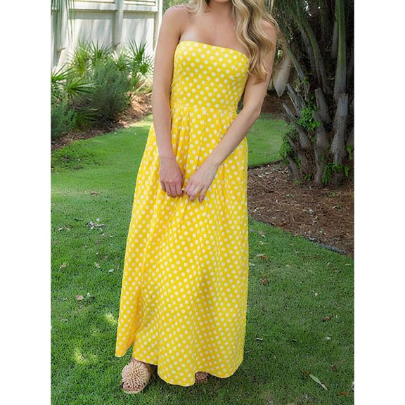 Yellow Polka Dot Strapless Tube Top Maxi Dress, A-Line Sleeveless Backless Summer Party Dress