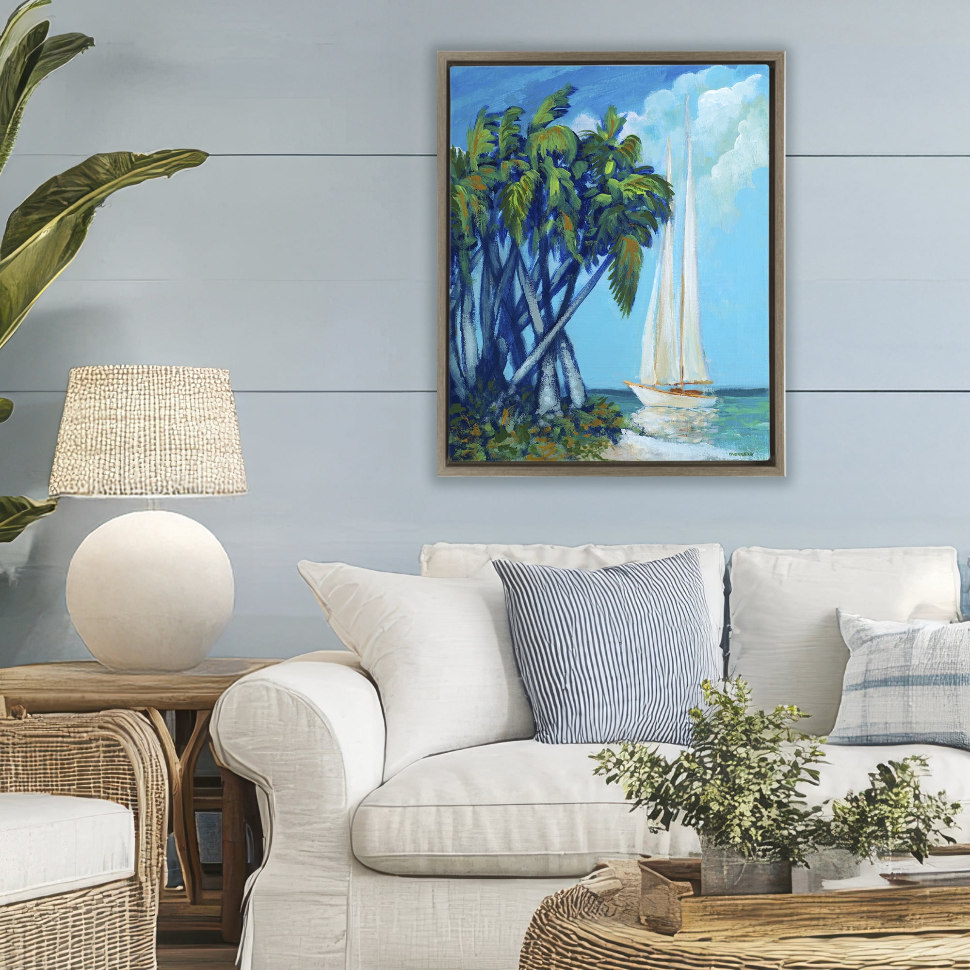 Stupell Industries Sailboat & Twisted Palms Brown Framed Floater Canvas Wall Art, design by Dan Meneely
