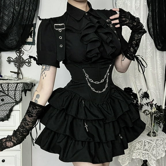 Dark Academia Gothic Dress Women Y2k E-girl Harajuku Streetwear Hotsweet Sleeveless Chain High Waist Cake Dress Female