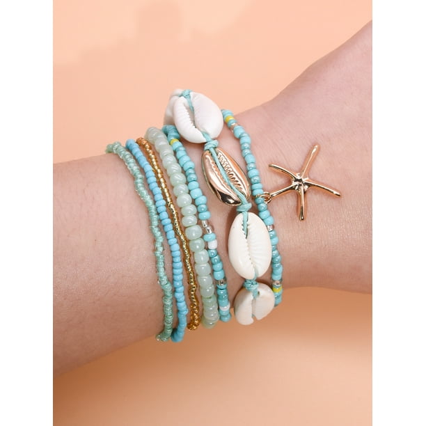Xiao Hua Pulseras de conchas para mujer, estilo bohemio, con cuentas en capas, coloridas, apilables, con forma de estrella de mar y accesorios de joyería, color azul claro.