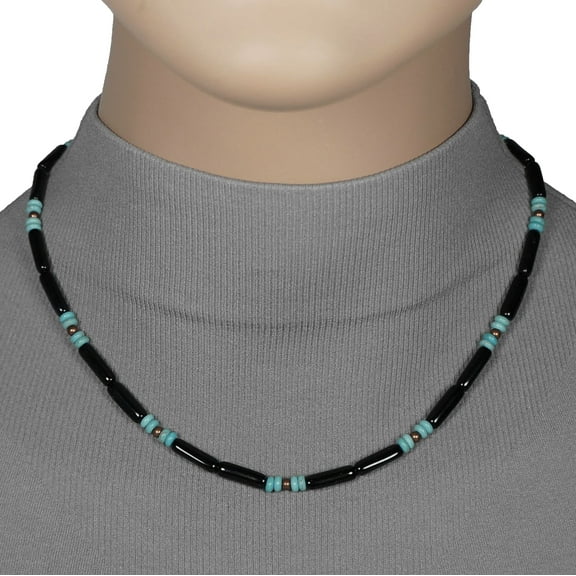 Handmade Unisex Black Glass with Turquoise and Copper Bead Necklace – 18 inch