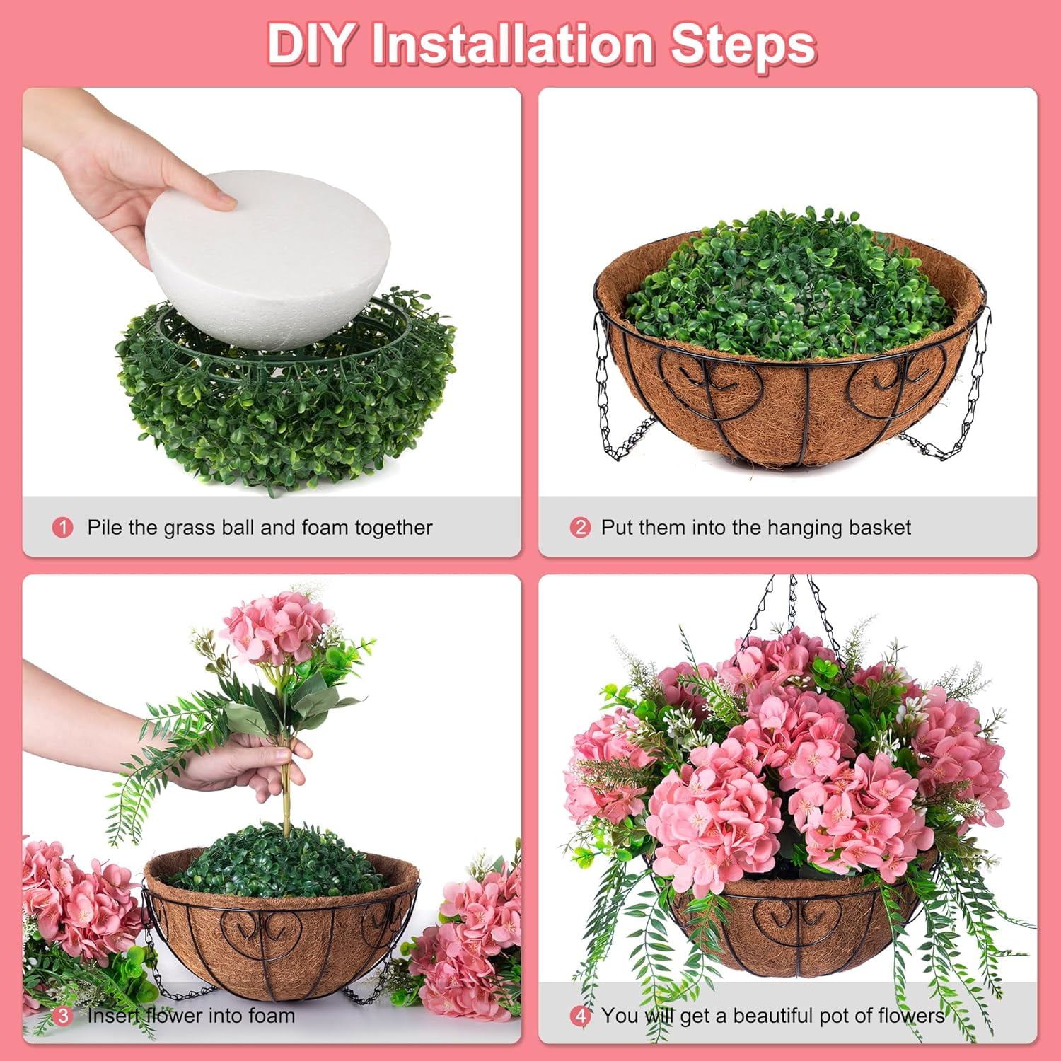 Artificial Flowers in Hanging Basket Planter for Home Spring Decoration, Silk Hydrangea Outdoor Indoor Arrangements, 12" Metal Coconut Lining Basket with Faux Plant(Champagne)
