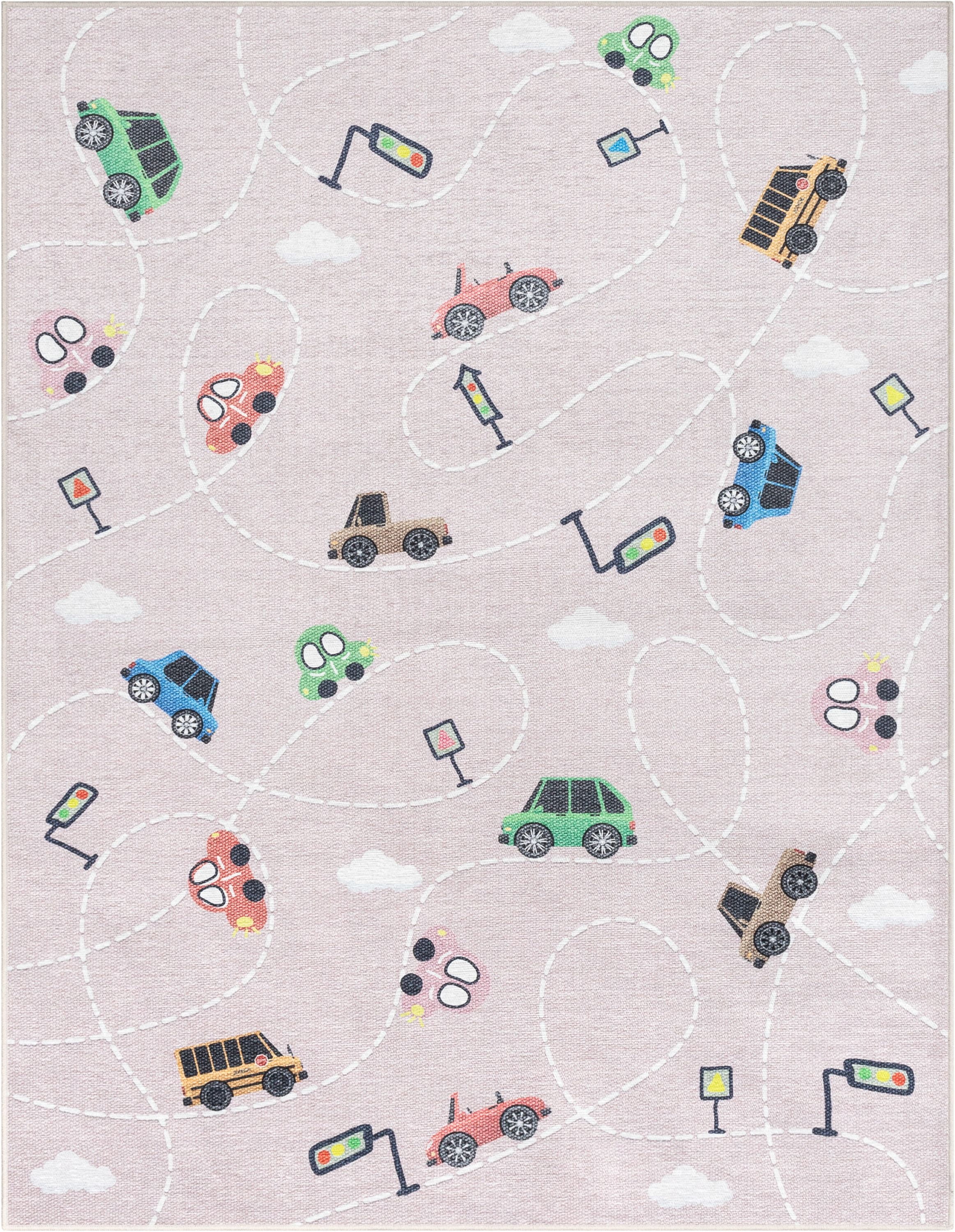 Well Woven Kids Rugs Traffic Modern Pink Printed Distressed Machine Washable 5' x 7' Area Rug