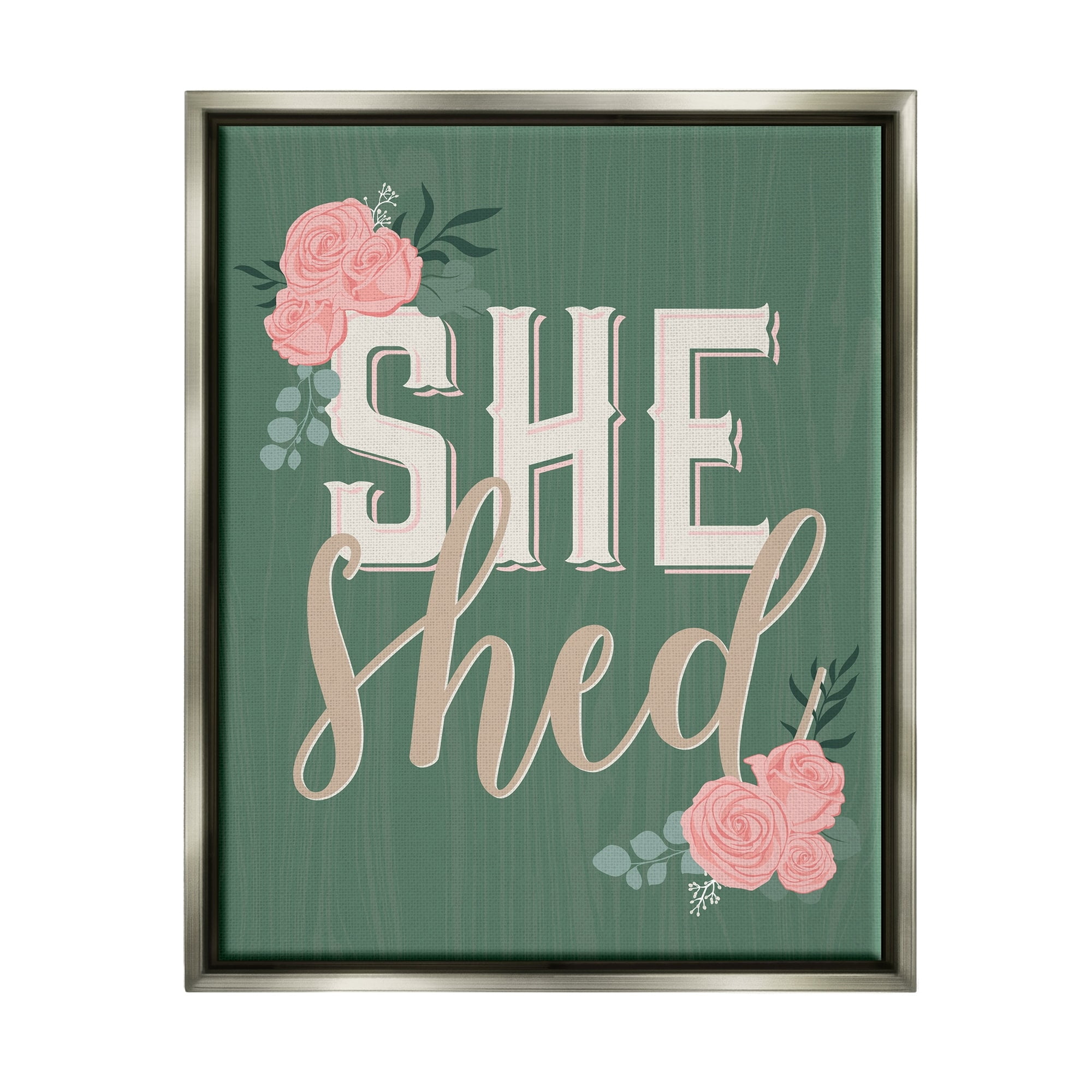 Stupell Industries She Shed Floral Pink Rose Calligraphy Sign Graphic Art Luster Gray Floating Framed Canvas Print Wall Art, Design by Angela Nickeas