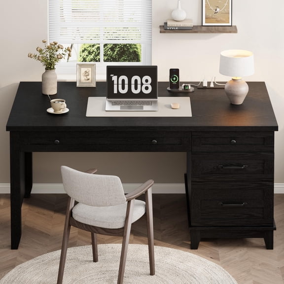 54" Farmhouse Executive Desk with Drawers & Charging Station, Wooden Home Office Computer Desk with File Cabinet Storage, Rustic Study Writing Workstation Table,Black