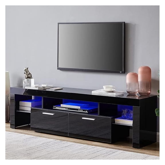 Black LED TV Stand for 75 Inch TV, High Gloss TV Entertainment Center with Storage Drawer, TV Console Table for Living Room, Bedroom