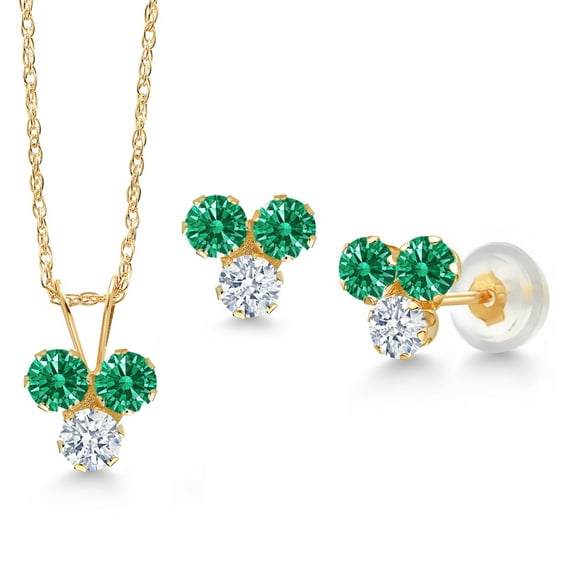 Gem Stone King 14K Yellow Gold Green Zirconia and White Zirconia 3 Stone Pendant and Earrings Jewelry Set for Women (0.99 Cttw, Round 3MM, with 18 inch Chain)