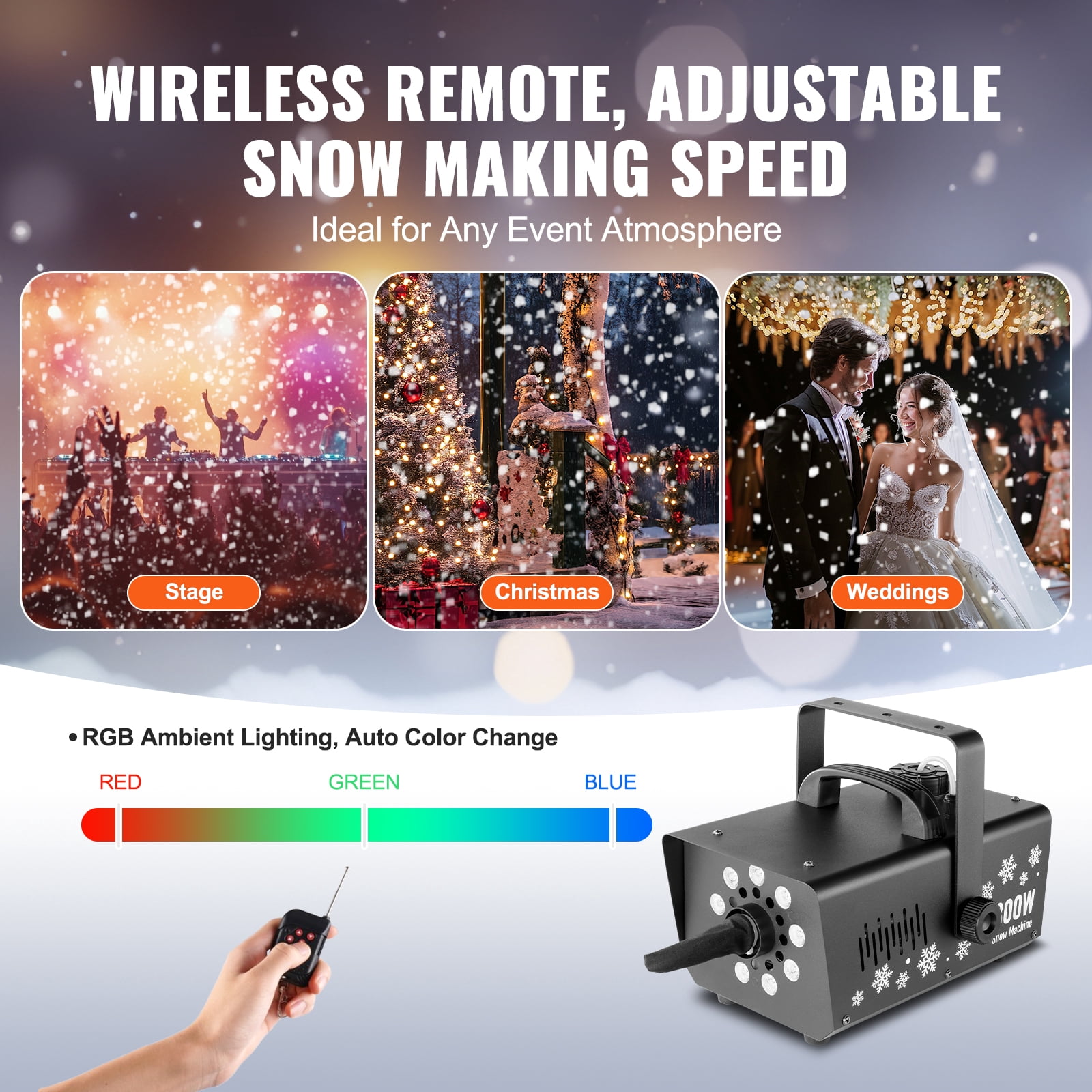 KFFKFF Snow Creator, 800W, Versatile Mounting Snow Generator with LED Illumination & 1L Capacity, Wireless Remote Snowflake Producer, Efficient Synthetic Snow Device for Holiday Gatherings, Weddings
