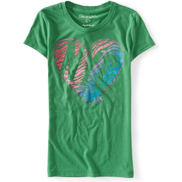 Aeropostale - Camiseta gráfica con diseño de corazón brillante para mujer, verde, pequeña Aeropostale Camiseta gráfica