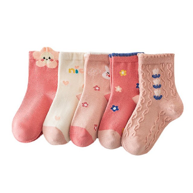 5 pares de calcetines para niñas pequeñas, calcetines cálidos con patrón de flores, calcetines suaves y lindos de media pantorrilla para otoño invierno M para 3 a 5 años
