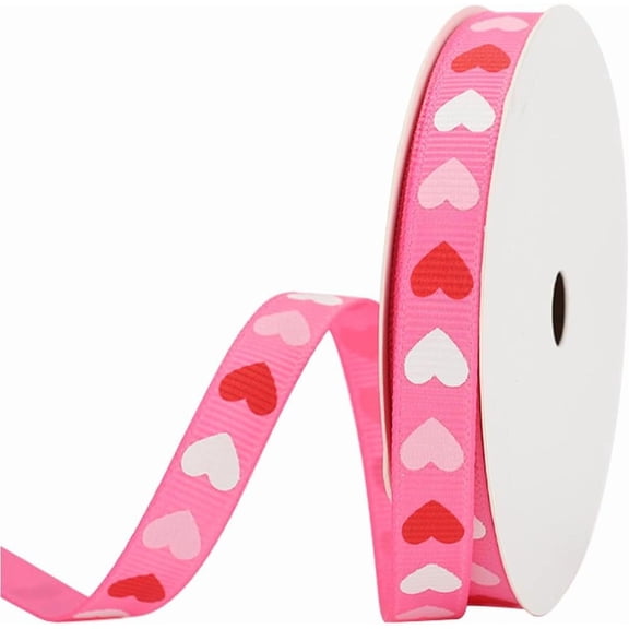 100 Yards 3/8 Inch Heart Print Ribbon Hot Pink Love Printed Ribbon Polyester Grosgrain Valentine Ribbons Wired Bulk with Spool