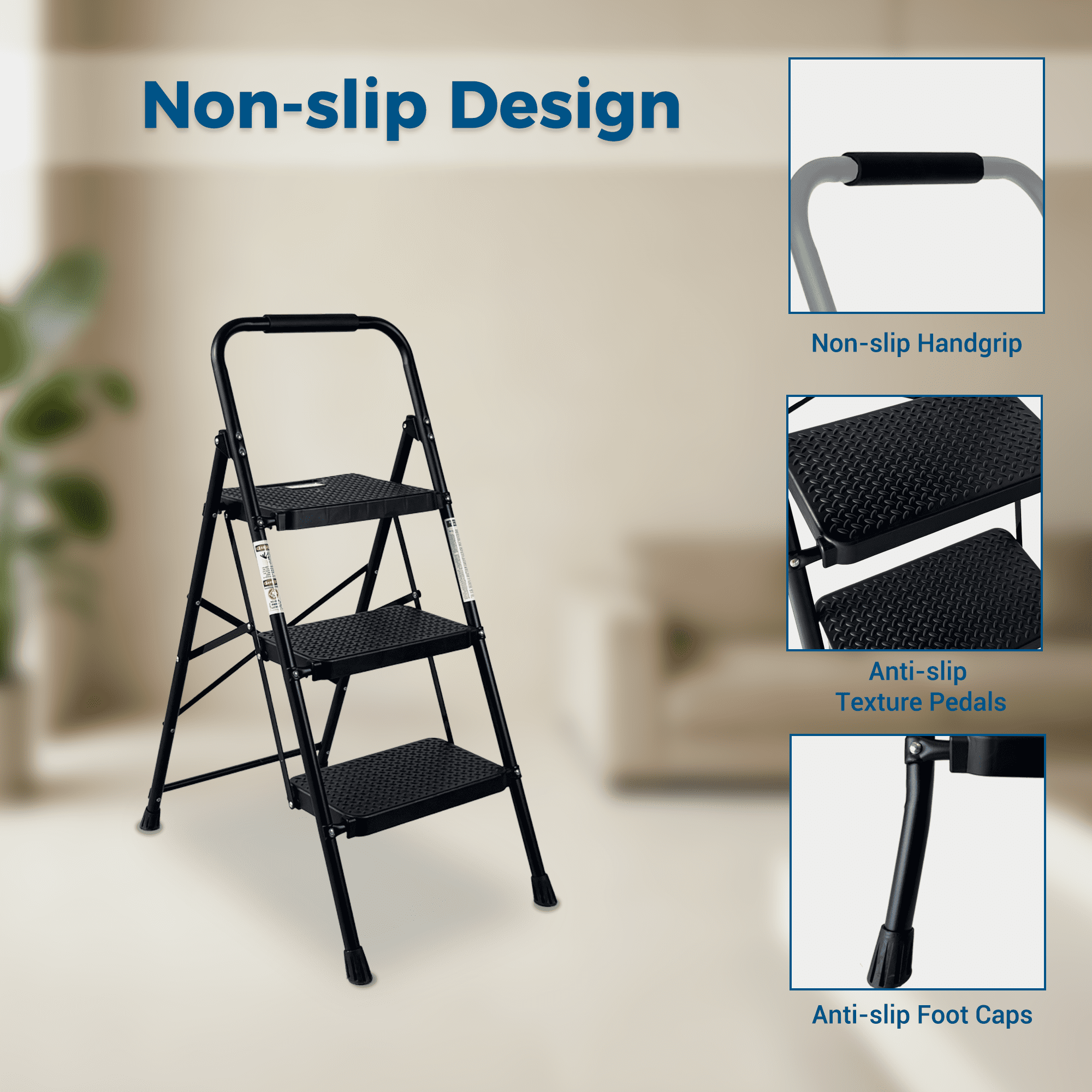 Leumius 3 Step Ladder,Folding Step Stool with Wide Anti-Slip Pedal, Lightweight Portable Ladder for Home Kitchen, Black