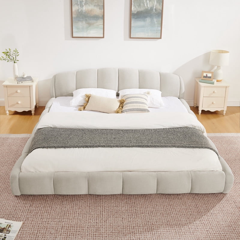 Queen/King Size Upholstered Platform Bed Frame, No Box Spring Required Low Profile Floor Bed with Padded Headboard & Footboard