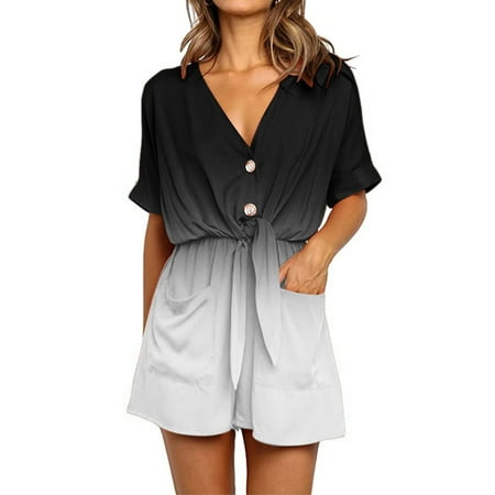 

Women s Summer Short Sleeve V-Neck Jumpsuit Rompers with Pockets Front Tie Knot Short Pant Rompers Pajamas Loungewear