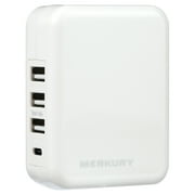 Merkury Innovations 5.4A Wall Charger - 3 USB-A + 1 USB-C, Foldable Plug, White