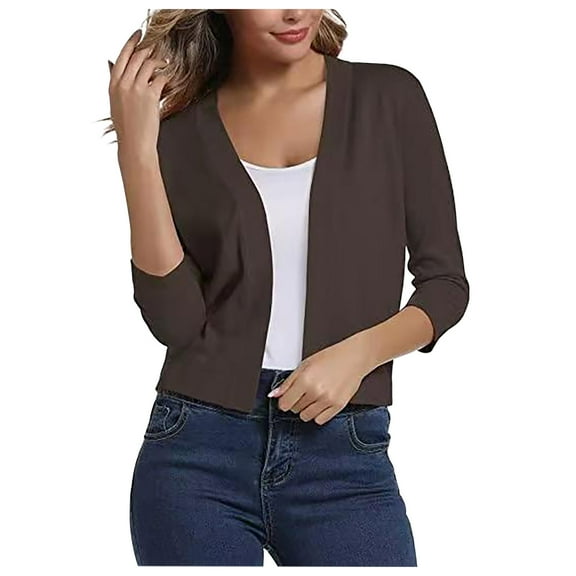 KBODIU Women's Solid Color Long Sleeve Open Front Short Cardigan Casual Loose V Neck Button Down Knit Cropped Cardigan Sweaters Outwear Winter Casual Knitted Sweater Coat