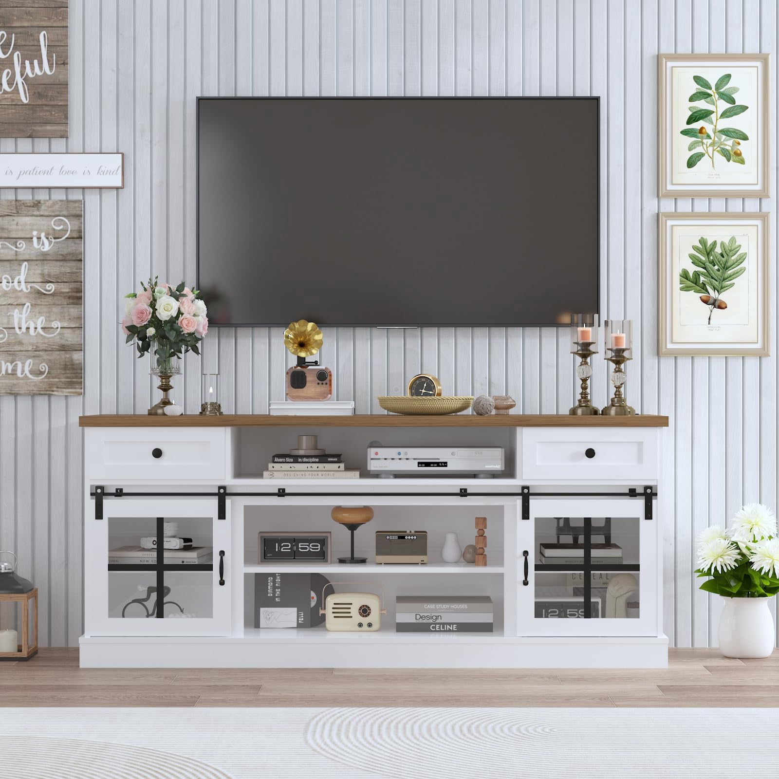 75-Inch Farmhouse Entertainment Center with Power Outlets, USB Ports & LED Lighting for Large Screens, Featuring 2 Drawers, Adjustable Shelves and Barn Doors, 66 Inch Wide, White+Brown Top