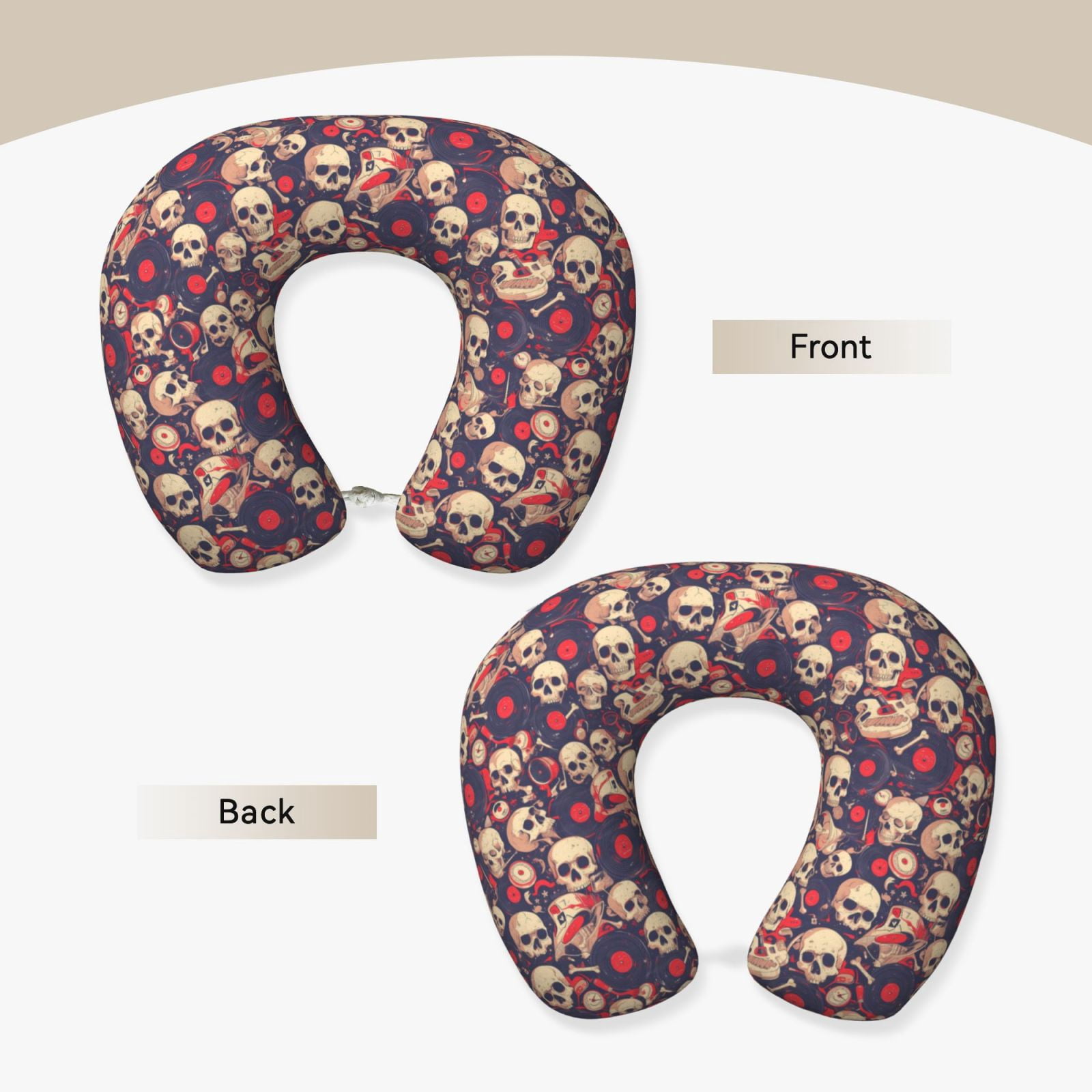 Xecao Skull rock music record Print Memory Foam Cervical Neck Pillow Versatile U-Shaped Pillows for Home,Office,Camping,Travelling,Soft Washable Cover