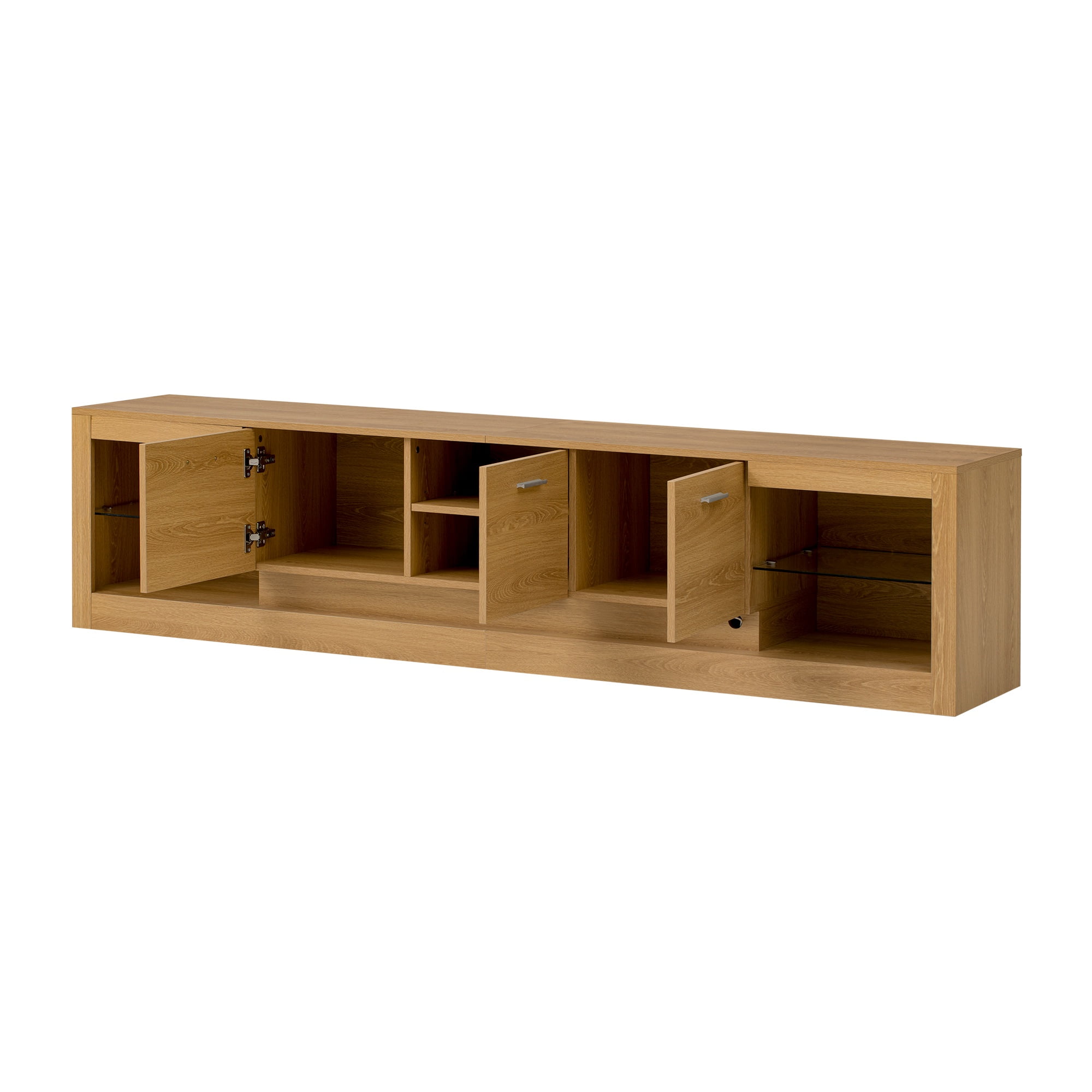 PORKISS LED TV Stand for up to 85" TVs, 78.7" Large Entertainment Center Console Table Open Shelf with 4 Storage Cabinets, Natural Wood