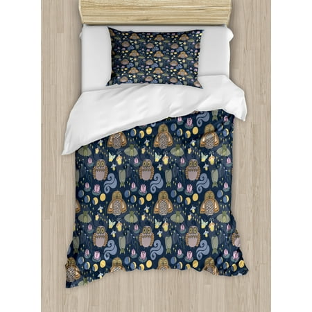 Woodland Duvet Cover Set Twin Size Scary Owl Firefly Bats Moths