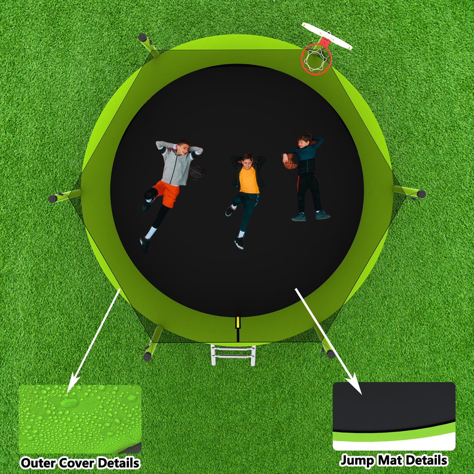 10FT Trampoline for Kids,Outdoor Trampoline with Basketball Hoop,Heavy-Duty Trampoline with Safety Enclosure Net,Green