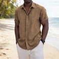 thumbnail image 2 of HVOBTTY Men's Summer Shirts Casual Slub Linen Solid Color Lapel Short Sleeve Buttons Vacation Daily Breathable Wear Top Coffee, XXL, 2 of 5