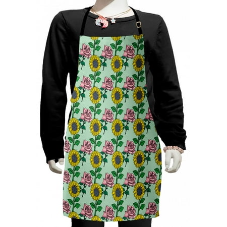 

Flower Kids Apron Cartoonish Blossoming Sunflower and Roses Pattern Boys Girls Apron Bib with Adjustable Ties for Cooking Baking Painting Mint Green Multicolor by Ambesonne