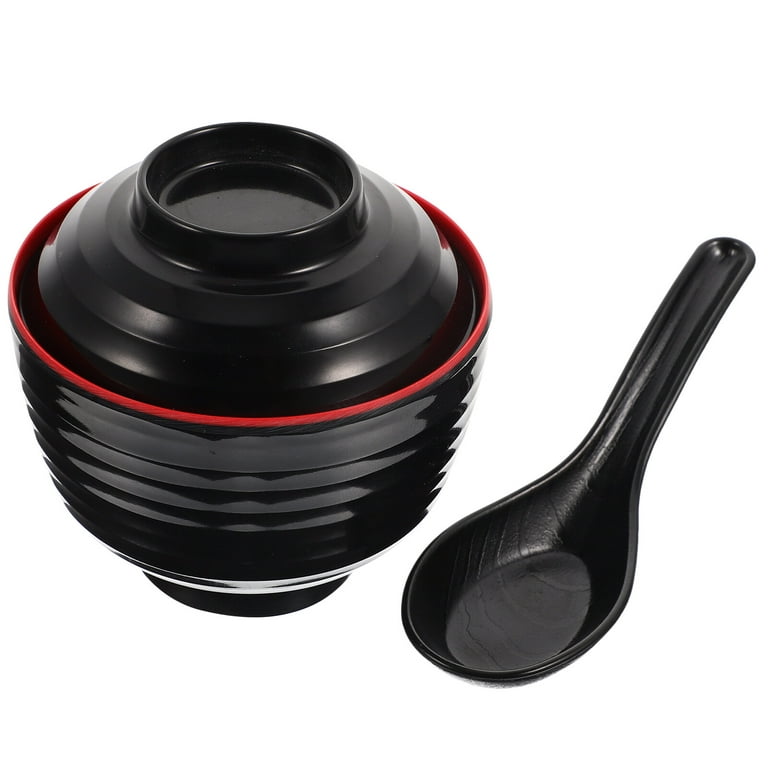 Asian Home Japanese Rice and Soup Bowls with Lid, All Black, Melamine Hard Plastic, for Rice, Miso Soup, 4.72 x 3.94, 10 oz. (2 Bowls)