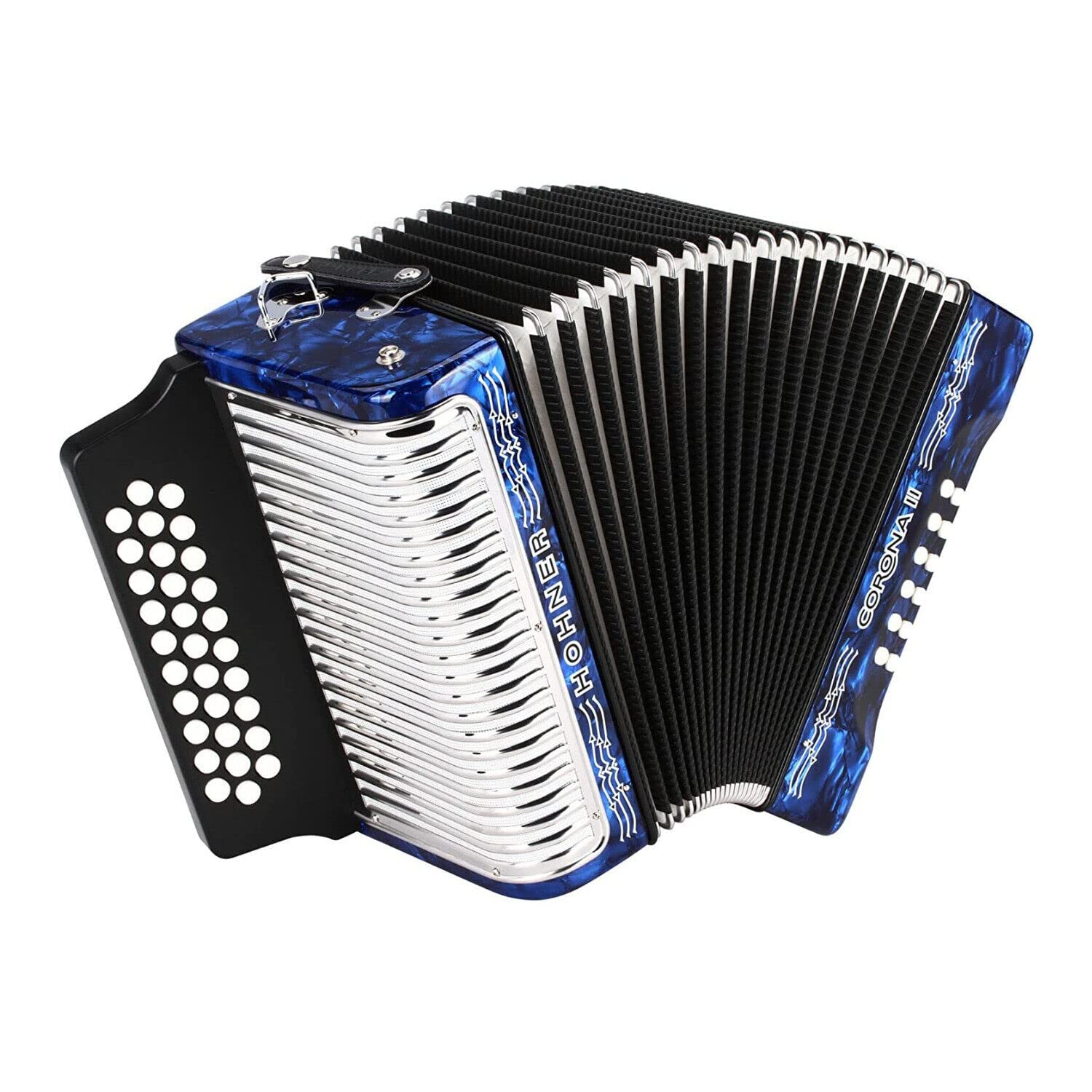 Hohner Corona II G/C/F Accordion - Pearl Dark Blue Bundle with Case, Gig Bag, Straps, and Austin Bazaar Polishing Cloth