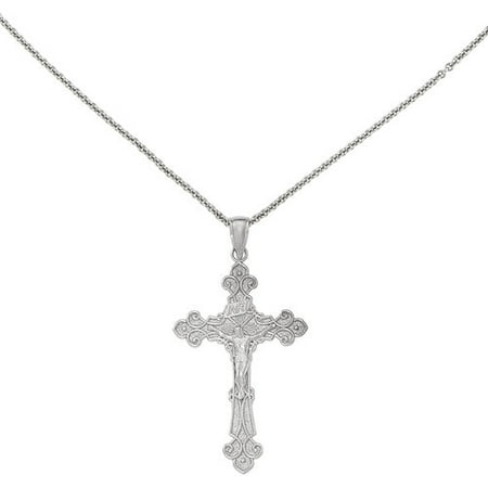 14kt White Gold Polished INRI Crucifix Fleur De Lis Pendant