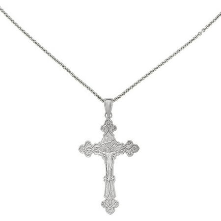 14kt White Gold Polished INRI Crucifix Fleur De Lis Pendant