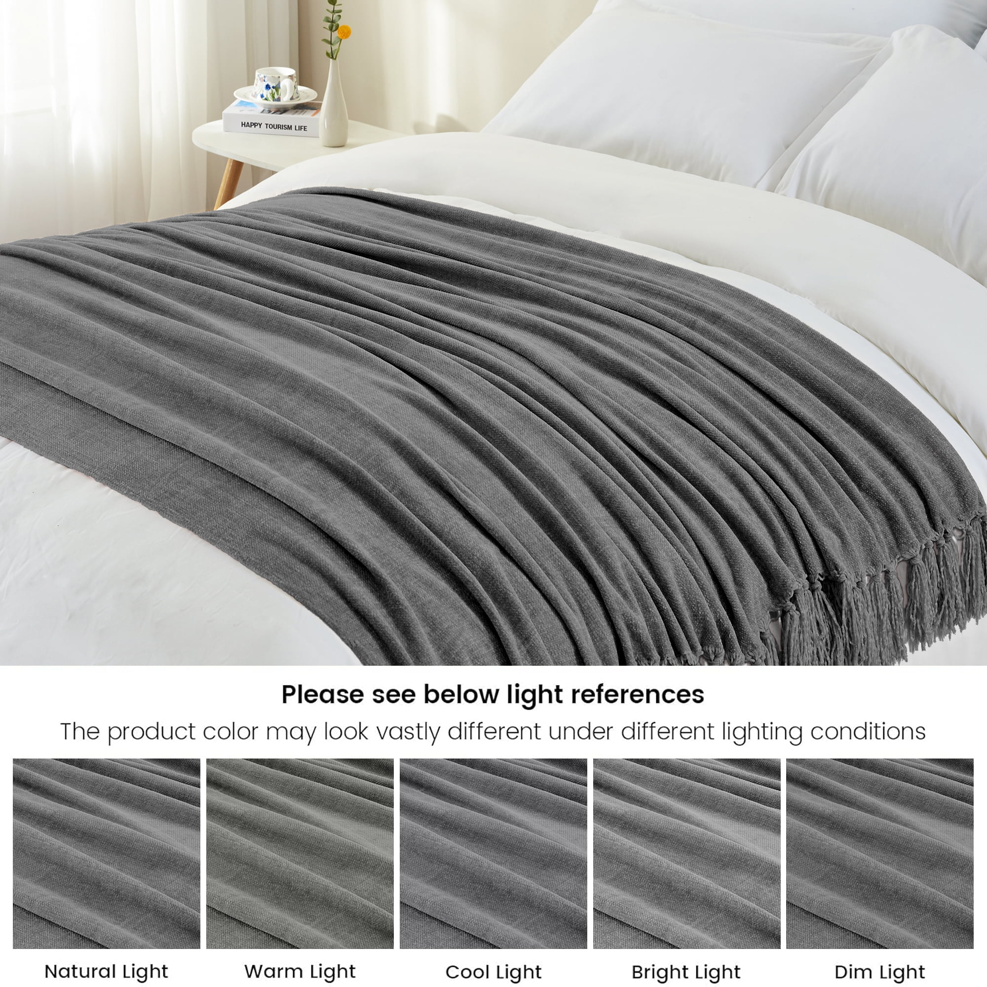LONG CREATE Chenille Throw Blanket with Fringe Tassel for Couch Sofa Chair Bed, Dark Grey 50" x 70"