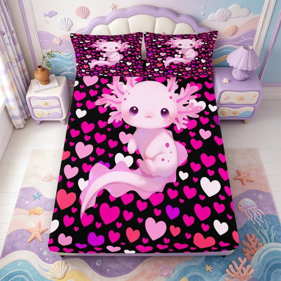Manfei Ocean Axolotl Fitted Sheet Full,Watercolor Salamander Bed Set,3 Pieces,1 Fitted Sheet and 2 Pillowcases