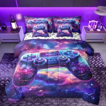 Manfei Game Console 7 Pieces Bedding Comforter Set,Colorful Galaxy Starry Sky Full Bedding Set,Purple Pink Ombre Fitted Sheet Flat Sheet For Kids,Super Cozy Room Decor Reversible
