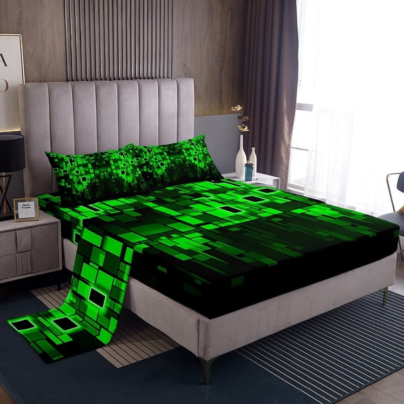 Erosebridal Futuristic Cubes Sheet Set Twin,Black Green Bedding Sets Twin Size,Geometric Plaid Twin Sheet Sets,Microfiber Teenager Bedroom Decor,3pcs