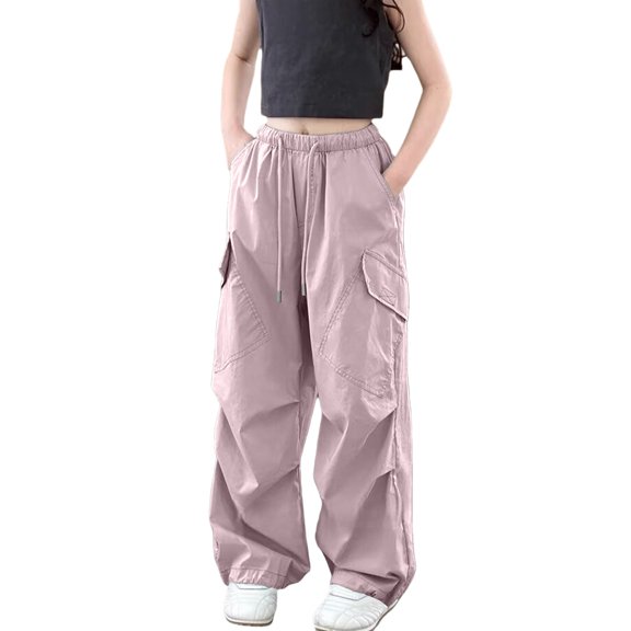 TIREOW Girls Cargo Pants Elastic Waist Wide Leg Drawstring Cargo Sweatpants Baggy Casual Cargo Jogger Trousers with Multi-Pockets