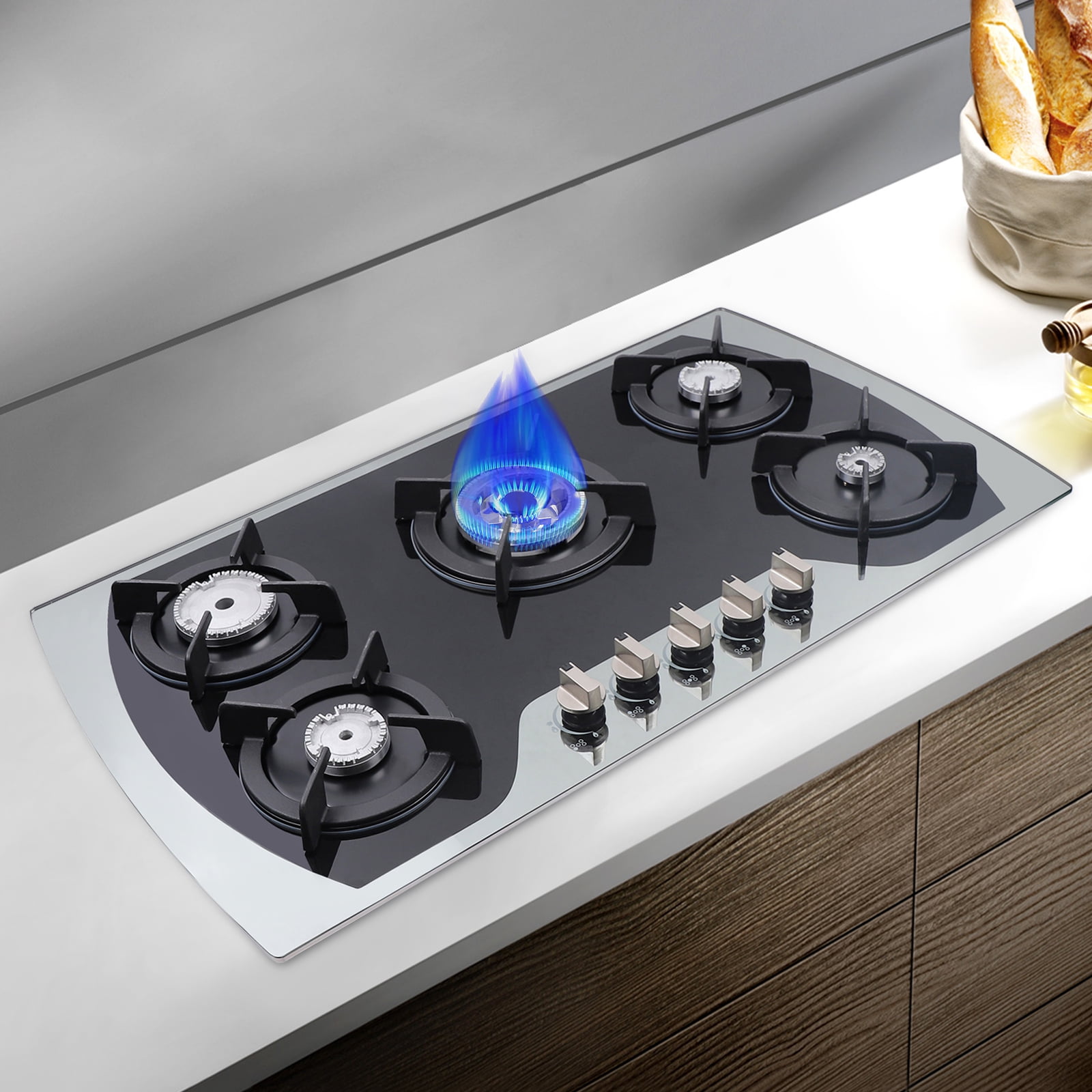 5 Burners Gas Stove 35.4" Built-In Gas Cooktop Natural Gas Propane Stainless