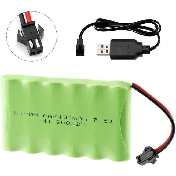 7.2V 2400mAh Ni-MH AA Rechargeable Battery Pack with SM-2P 2Pin Plug and USB Charger Cable for RC Truck Cars Vehicles